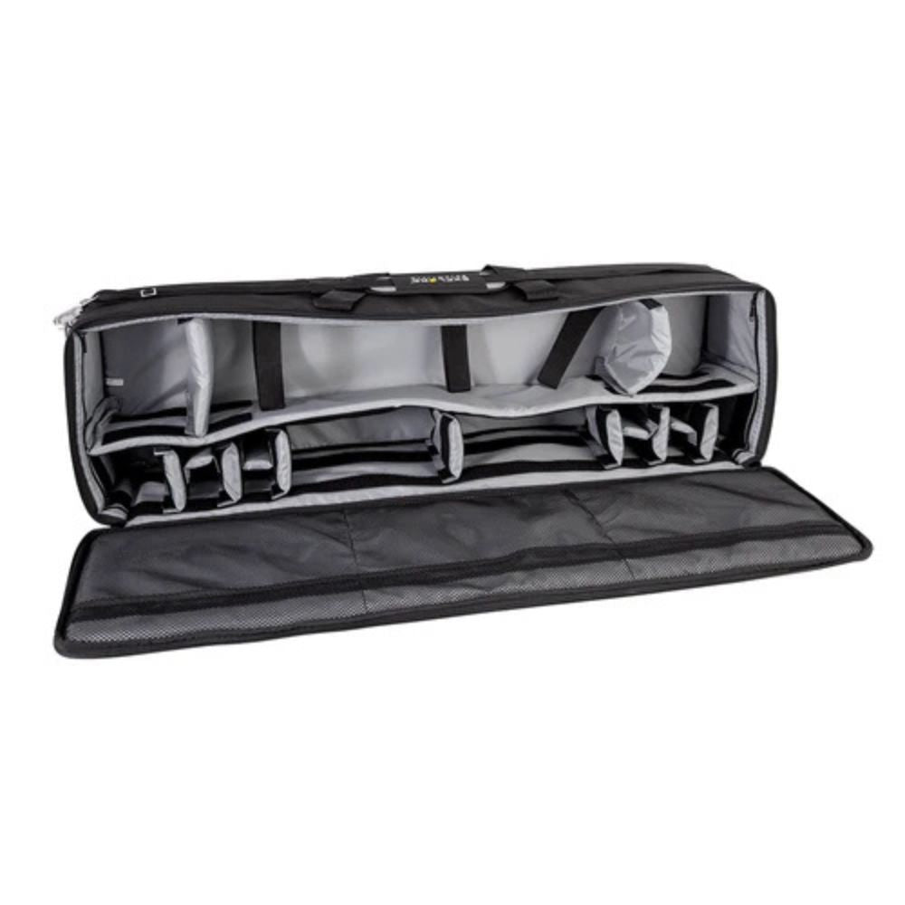 Black carrying case with compartments on a white background