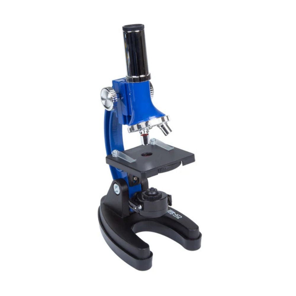 Blue and black microscope on a white background