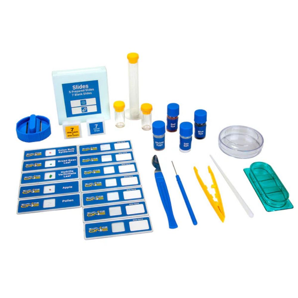 Collection of scientific laboratory tools and supplies on a white background