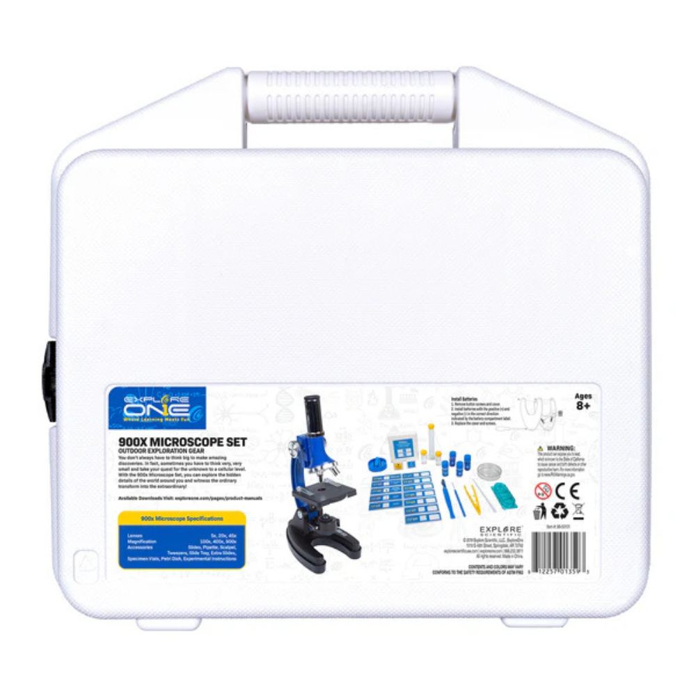 Microscope set packaging with a carrying case on a white background