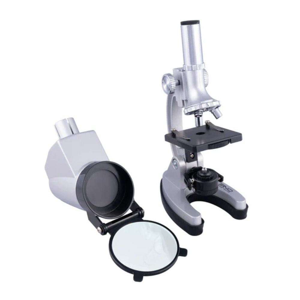 Microscope and magnifying glass on a white background