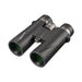 Black binoculars with green lenses on a white background