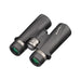 Black binoculars with green lenses on a white background
