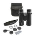 Black binoculars with accessories and carrying case on a white background